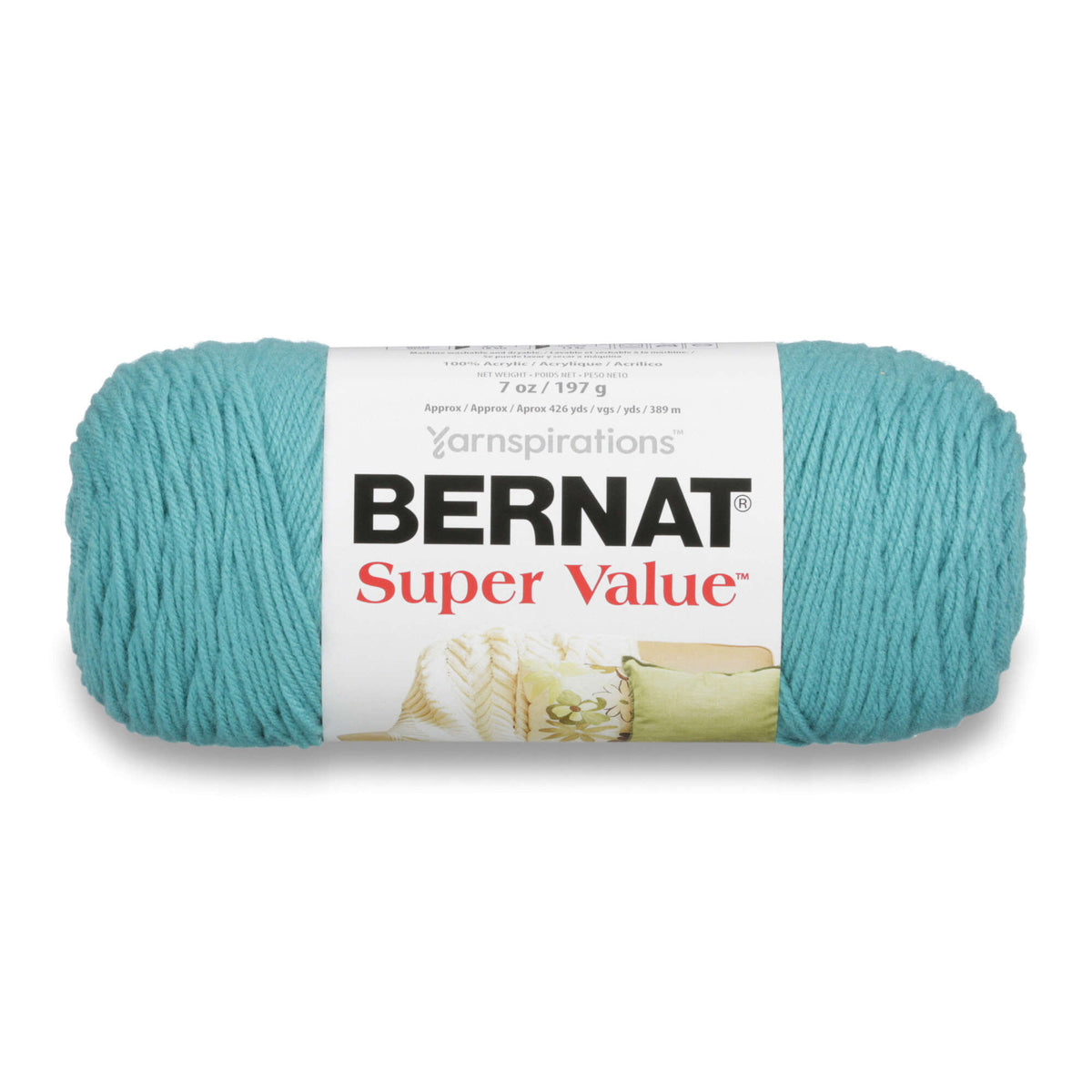 Turquoise skein of yarn with a Bernat label on a white background