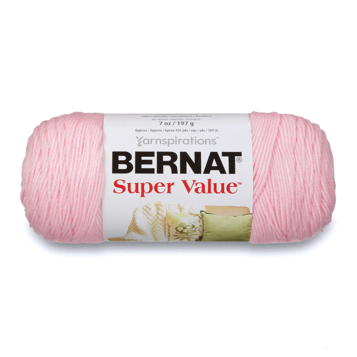 Pink skein of Bernat Super Value yarn on a white background