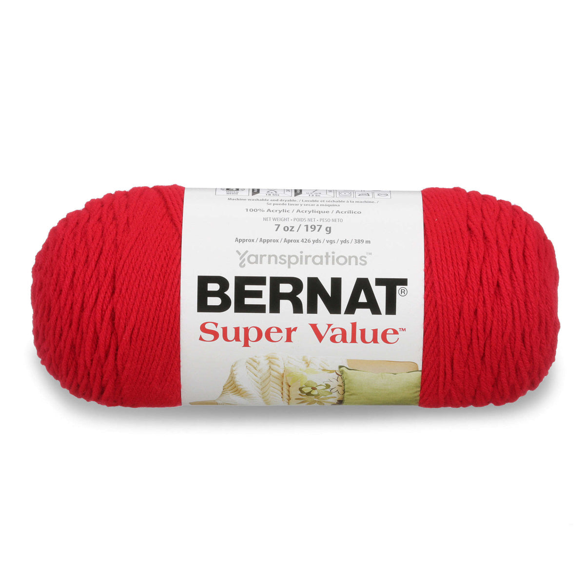 Red skein of Bernat Super Value yarn on a white background