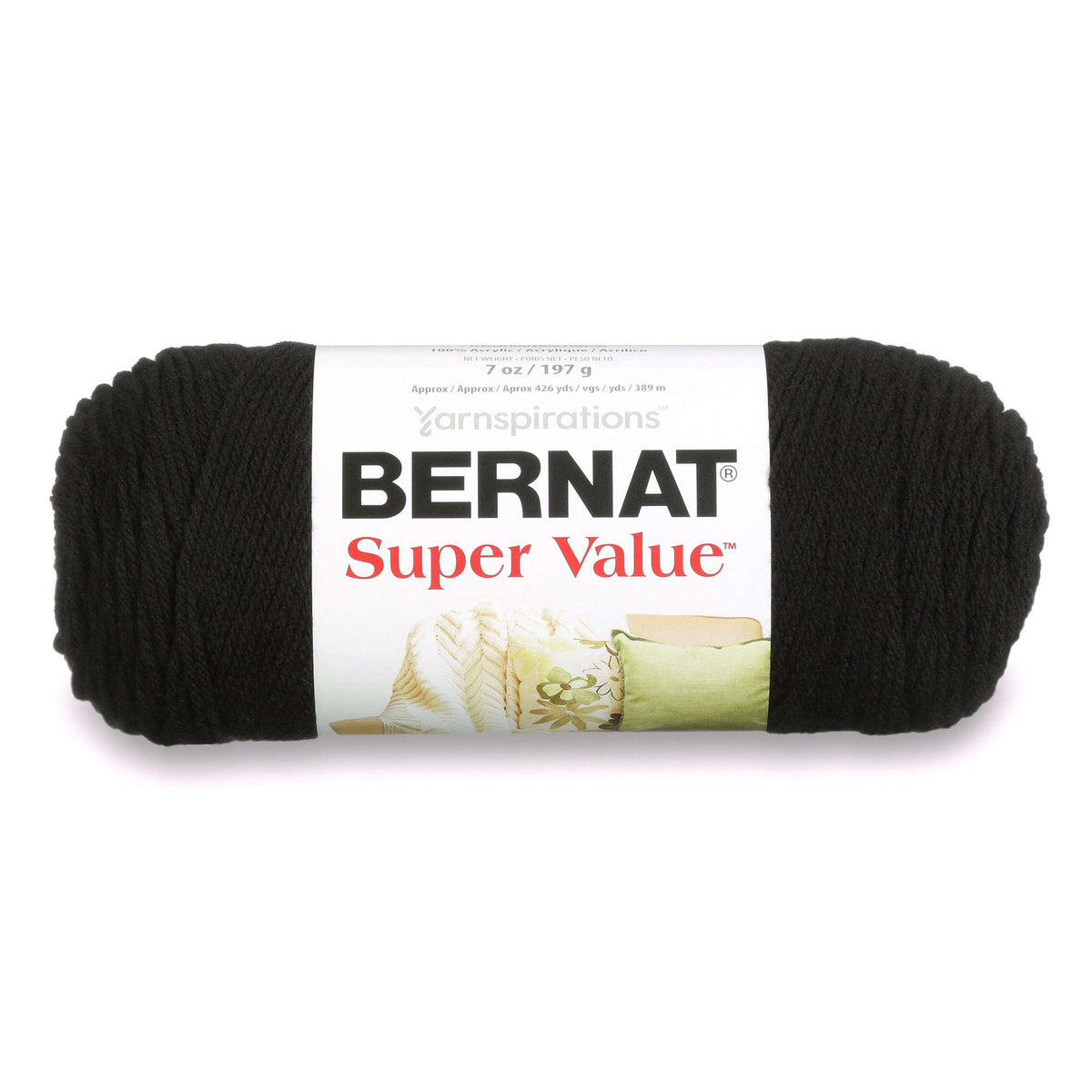 Ball of black Bernat Super Value yarn on a white background