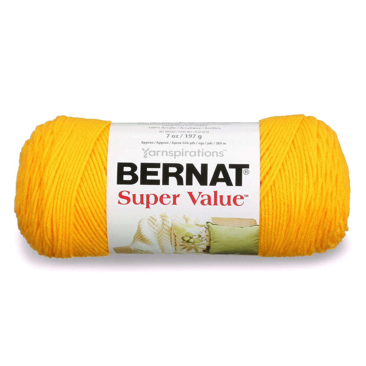 Yellow skein of Bernat Super Value yarn on a white background