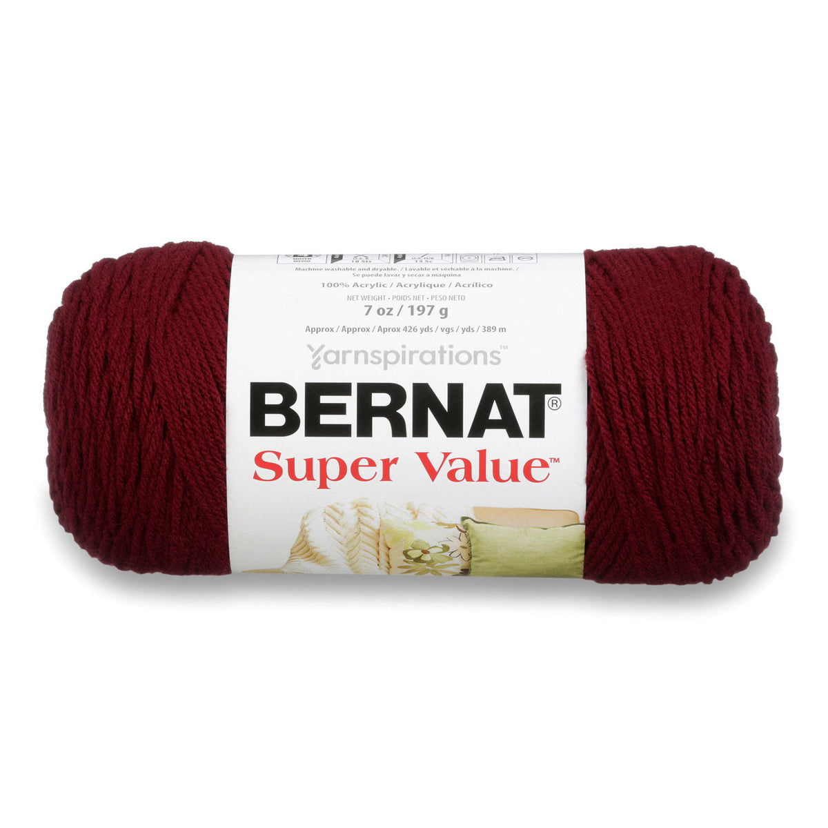 Red skein of Bernat Super Value yarn on a white background