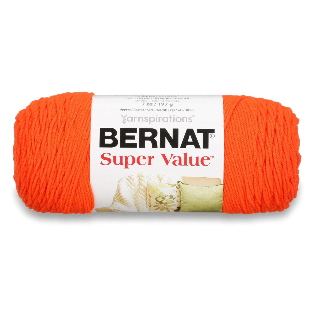 Ball of orange yarn with Bernat Super Value label on a white background