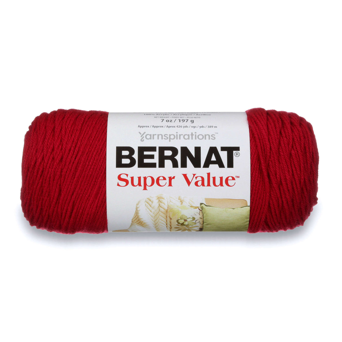 Red skein of Bernat Super Value yarn on a white background