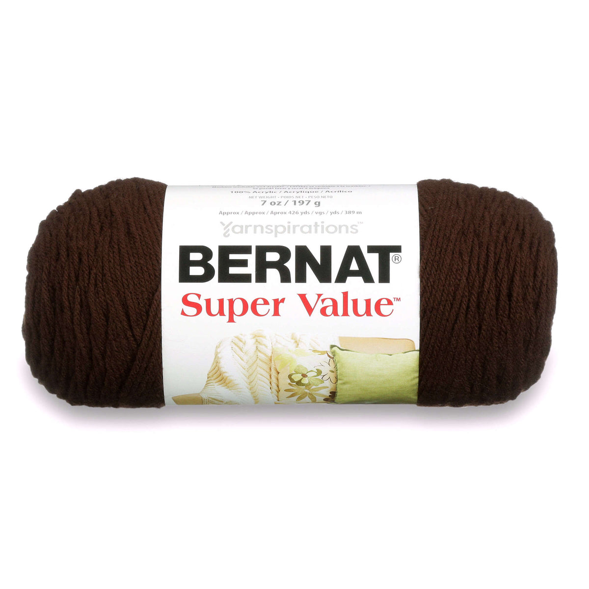 Brown skein of Bernat Super Value yarn on a white background