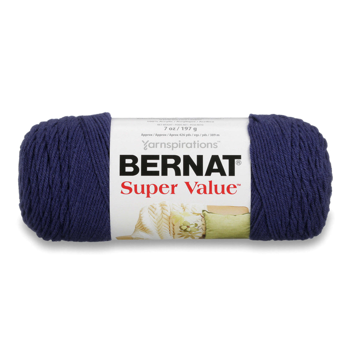 Navy blue skein of Bernat Super Value yarn on a white background