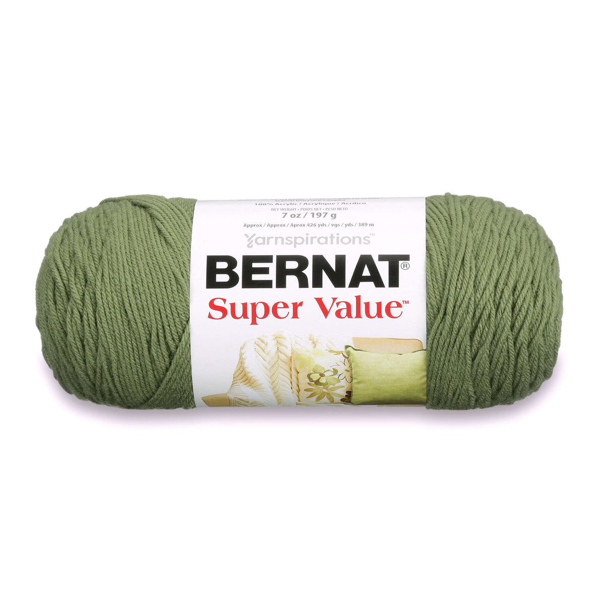 Green skein of Bernat Super Value yarn on a white background