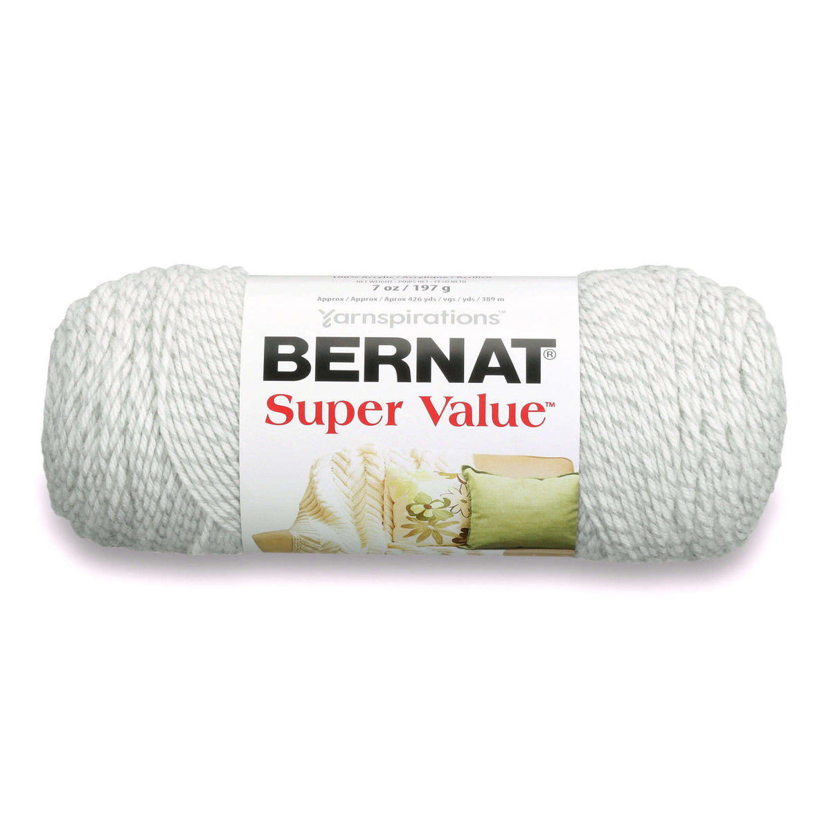 Ball of Bernat Super Value yarn on a white background