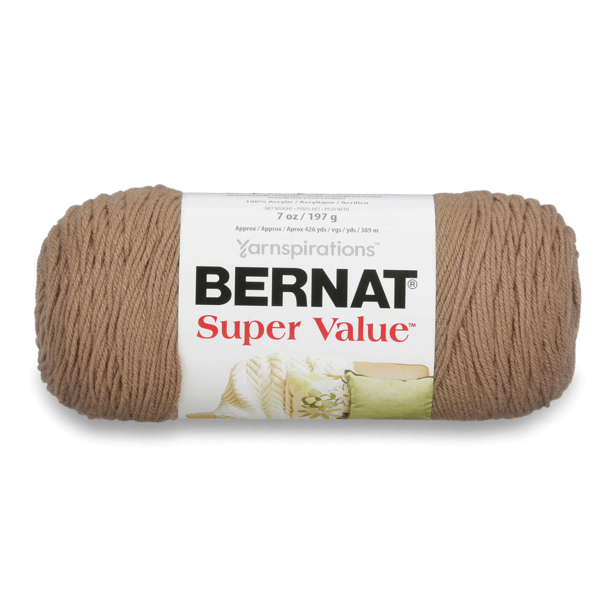 Ball of Bernat Super Value yarn on a white background