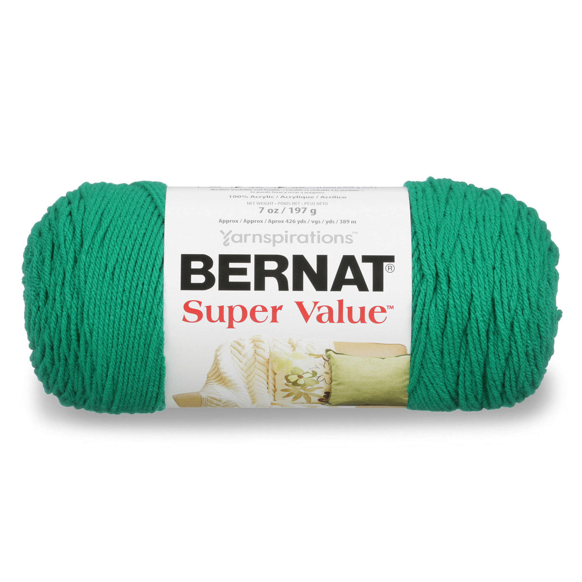 Green skein of Bernat Super Value yarn on a white background