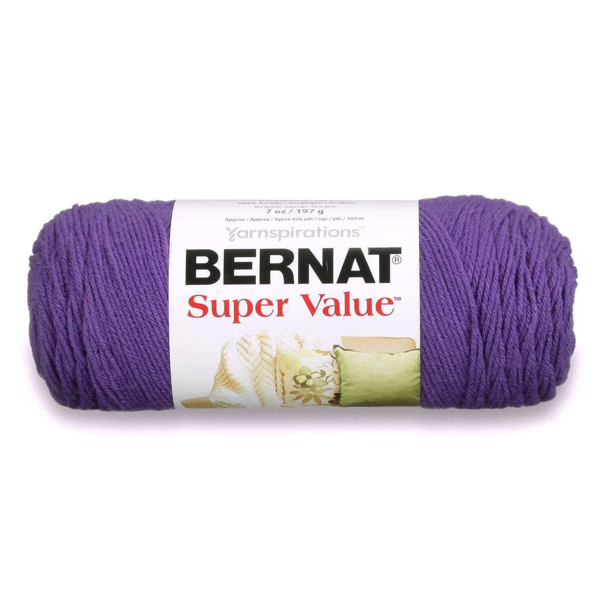 Purple skein of Bernat Super Value yarn on a white background