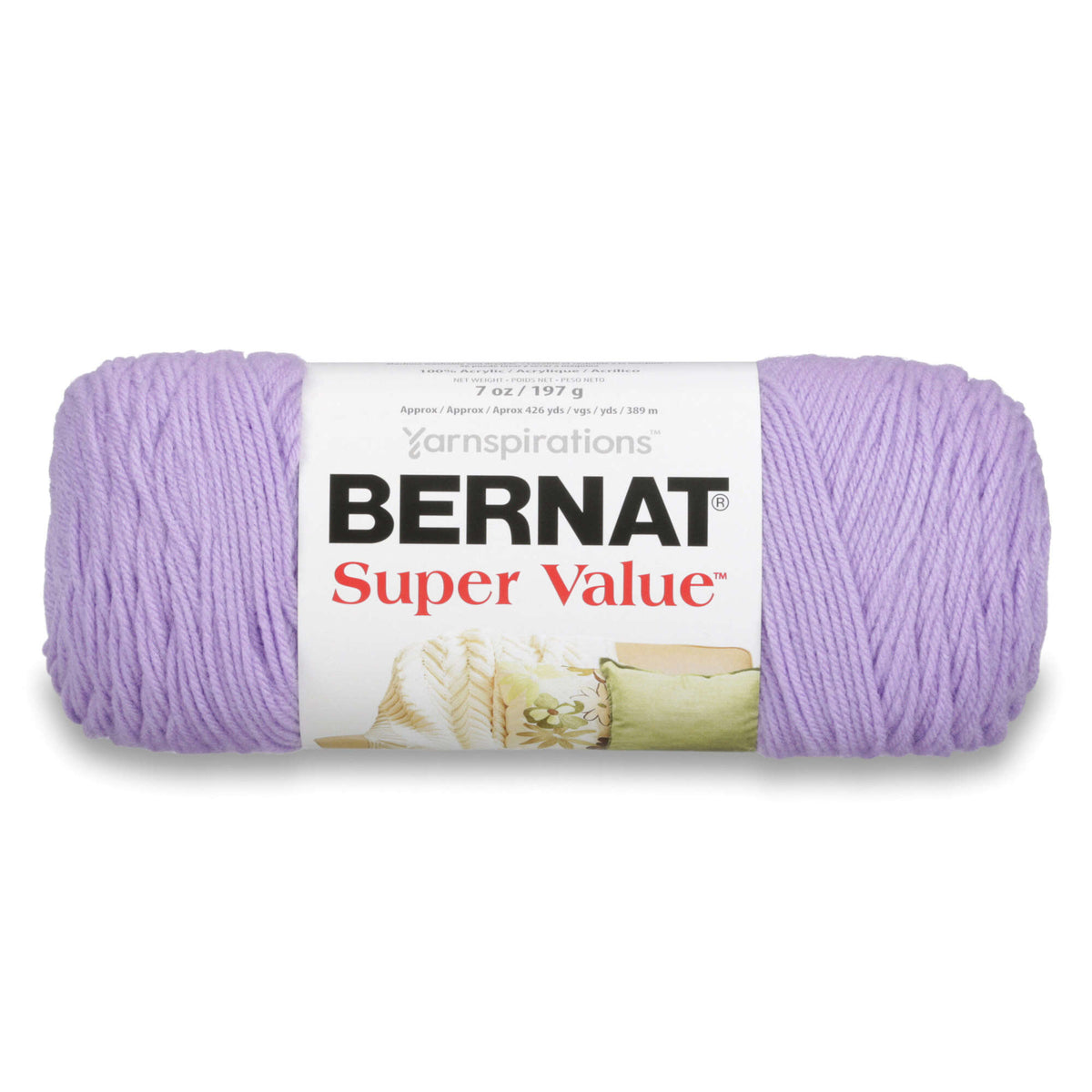 Ball of purple yarn with Bernat Super Value label on a white background