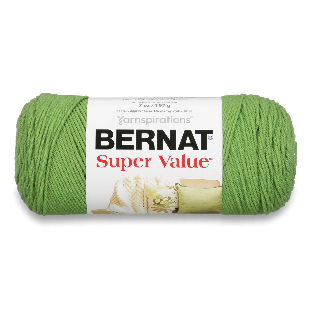 Green skein of Bernat Super Value yarn on a white background