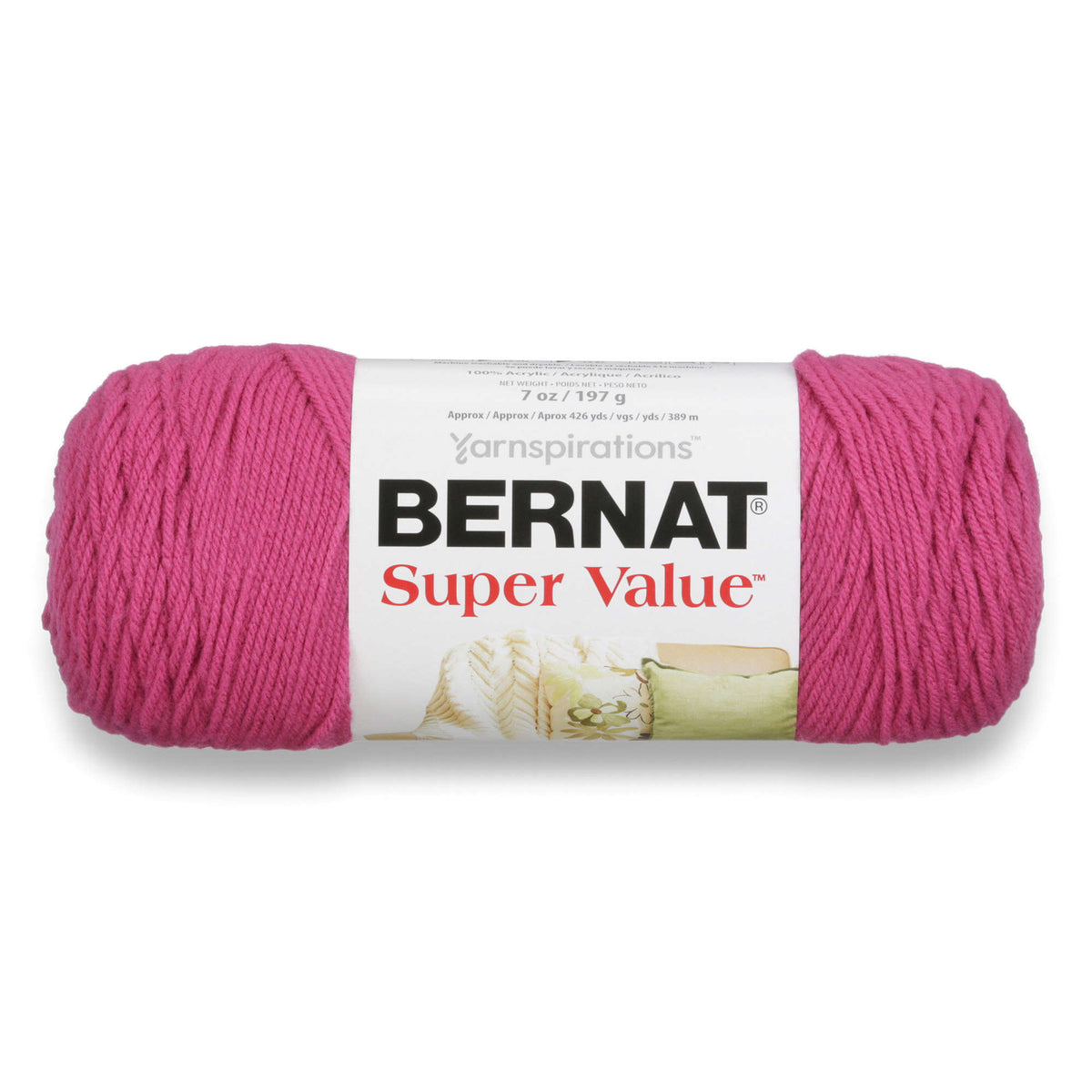 Pink skein of yarn with a Bernat label on a white background