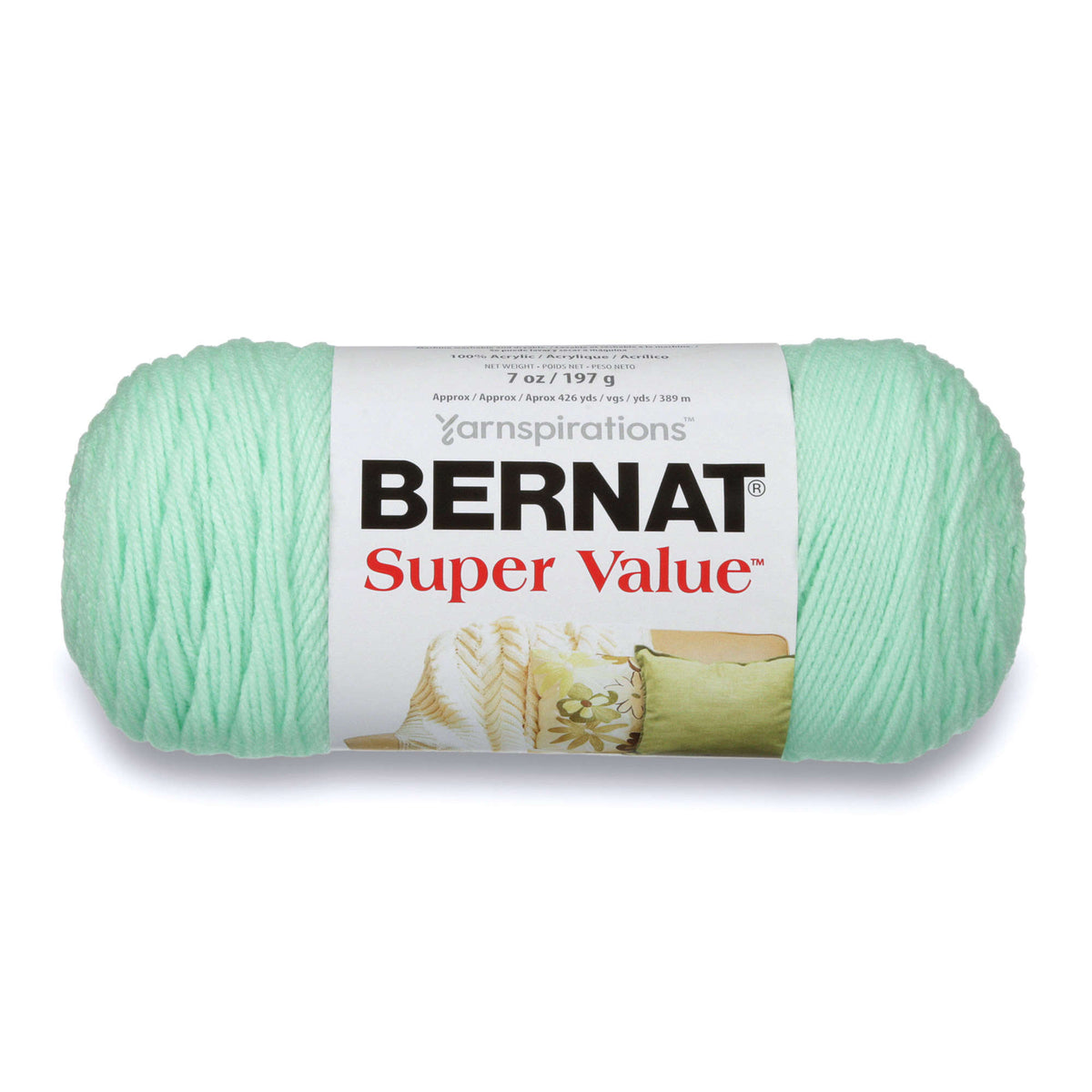 Ball of Bernat Super Value yarn on a white background