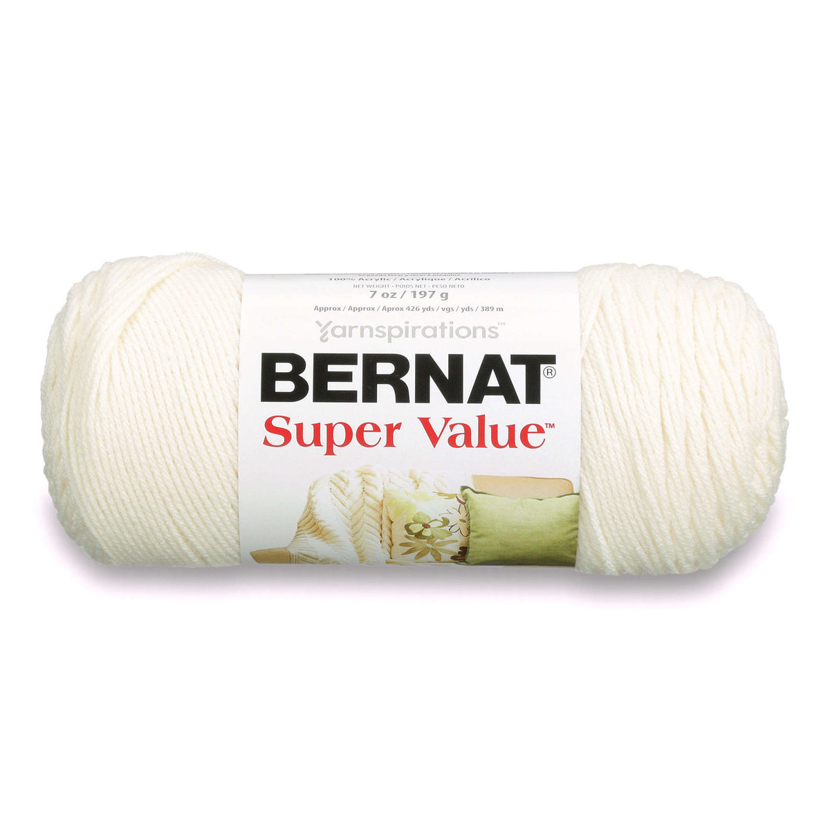 Ball of Bernat Super Value yarn on a white background