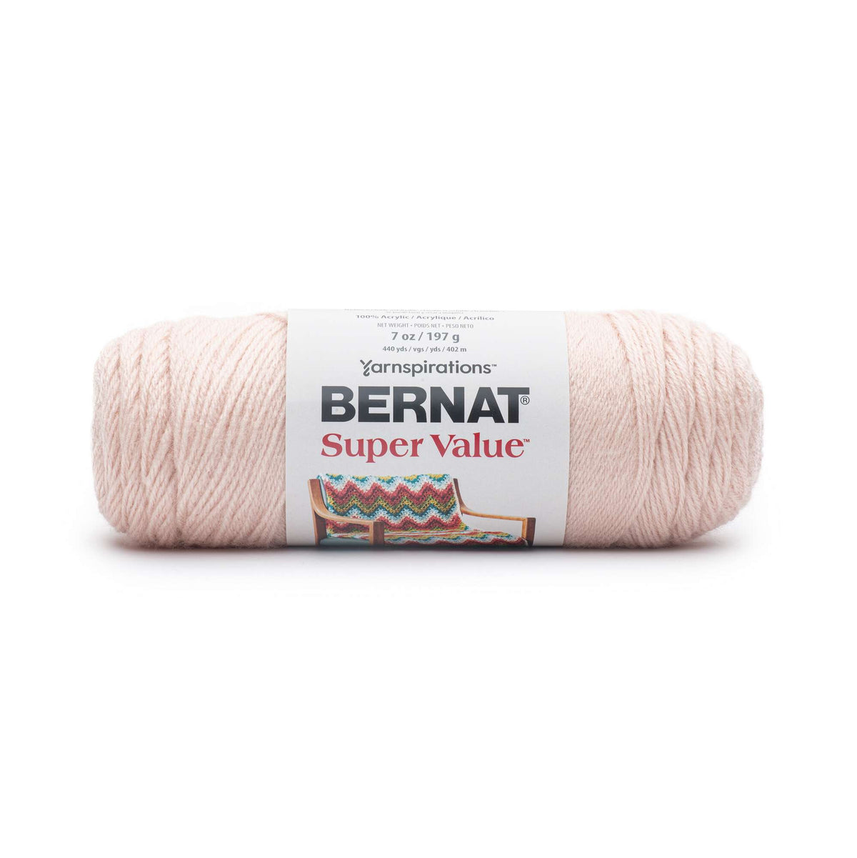 Ball of yarn with Bernat Super Value label on a white background