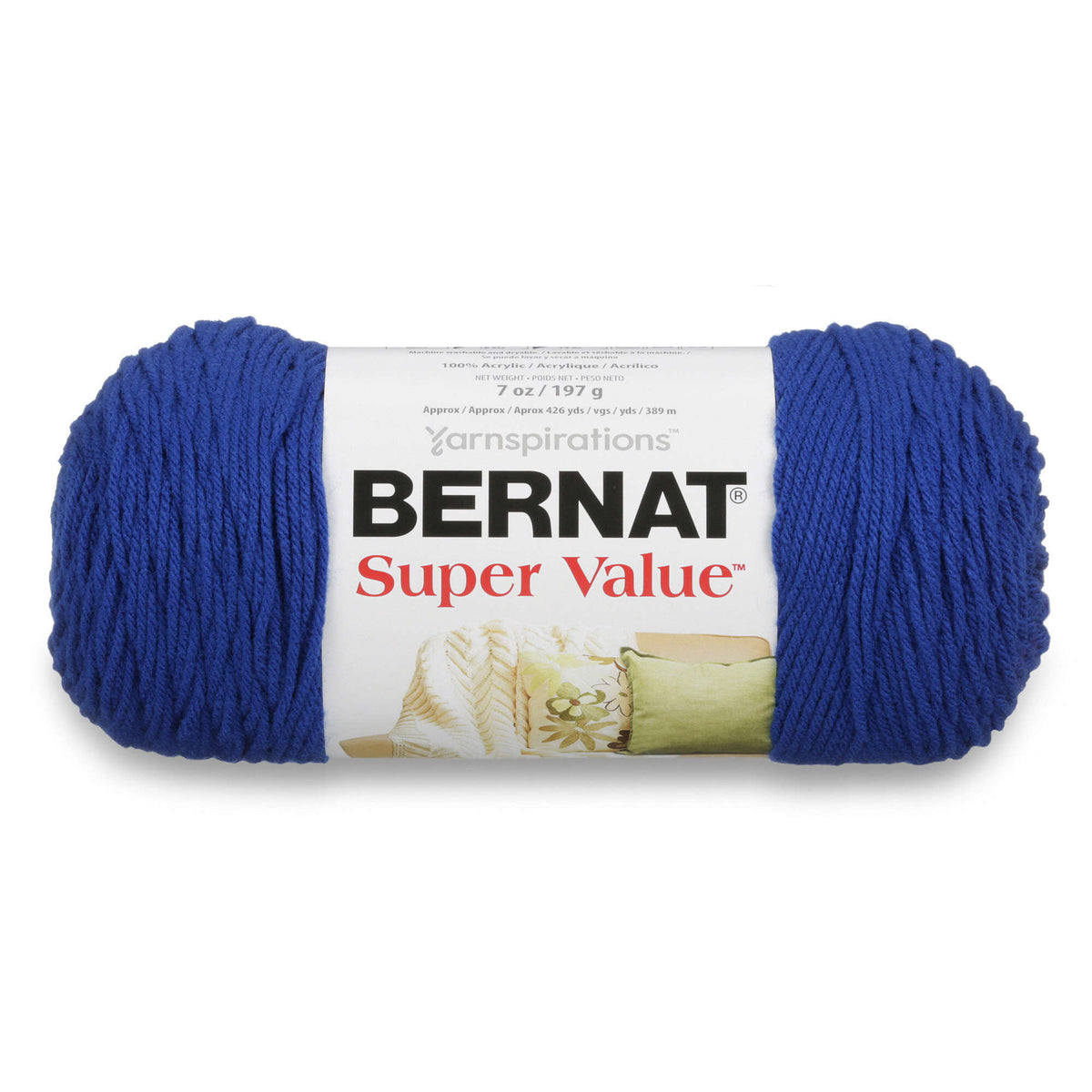 Blue skein of Bernat Super Value yarn on a white background