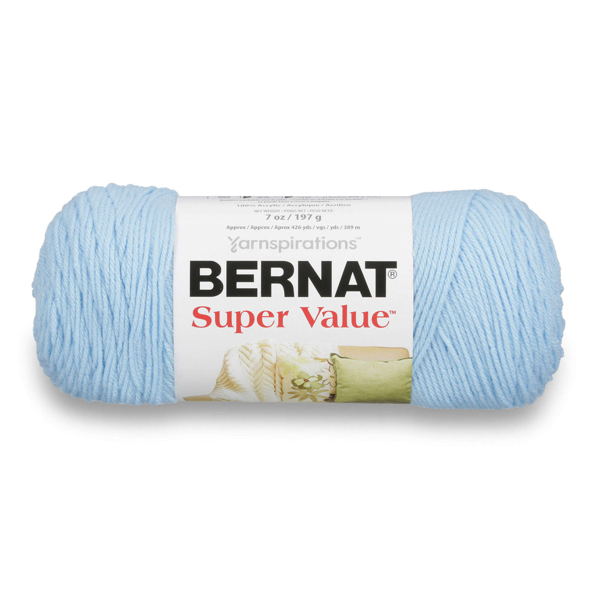 Light blue skein of Bernat Super Value yarn on a white background