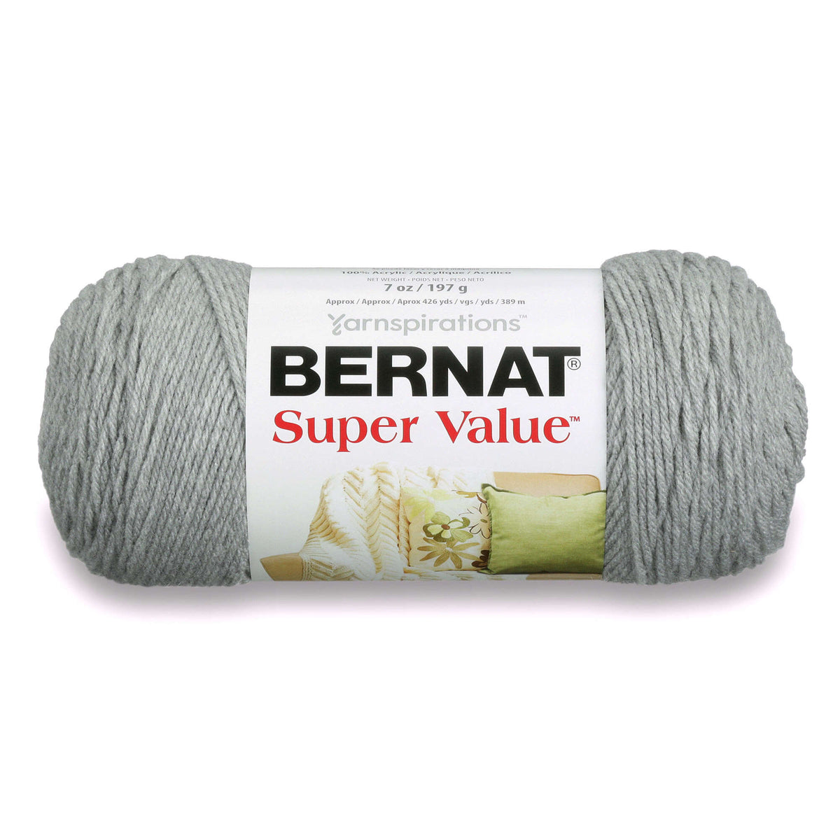 Ball of gray yarn with Bernat Super Value label on a white background