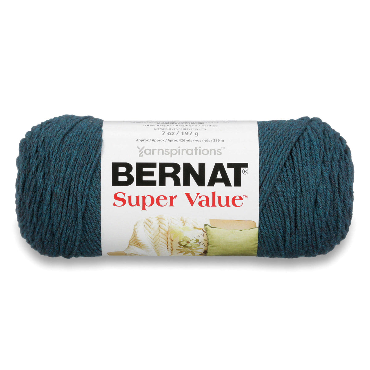 Teal skein of Bernat Super Value yarn on a white background