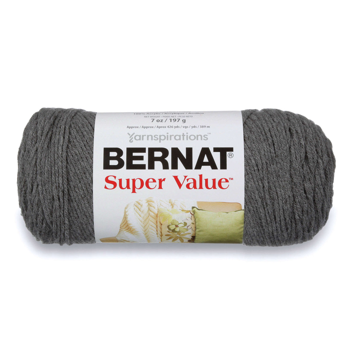 Gray skein of Bernat Super Value yarn on a white background