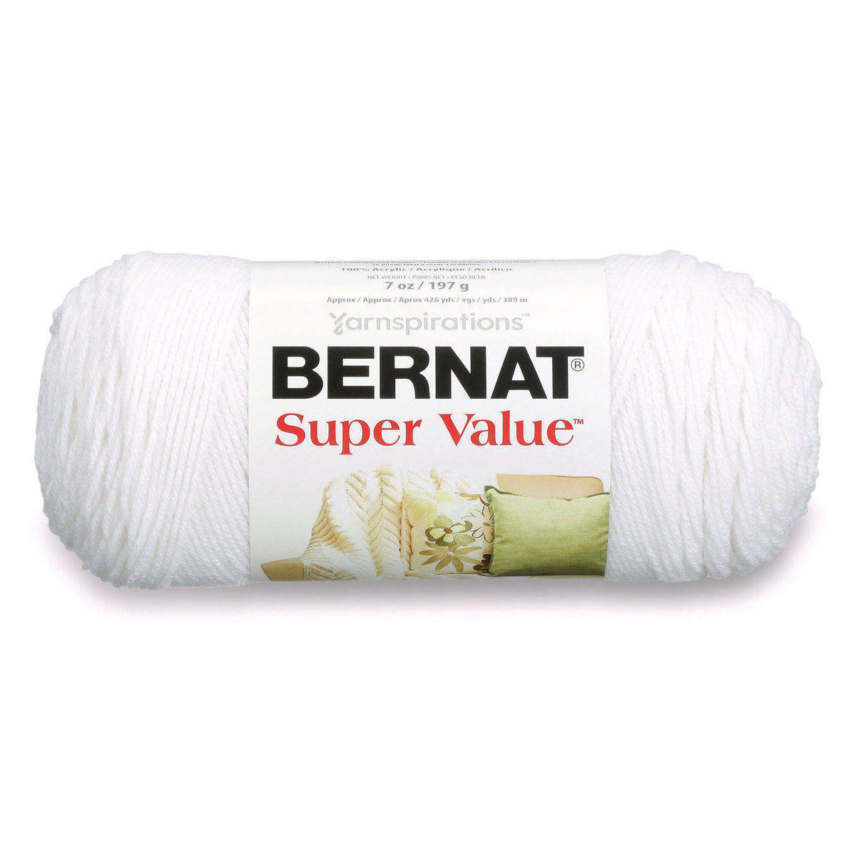 Ball of white Bernat Super Value yarn on a white background