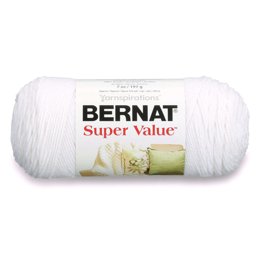 Ball of white Bernat Super Value yarn on a white background