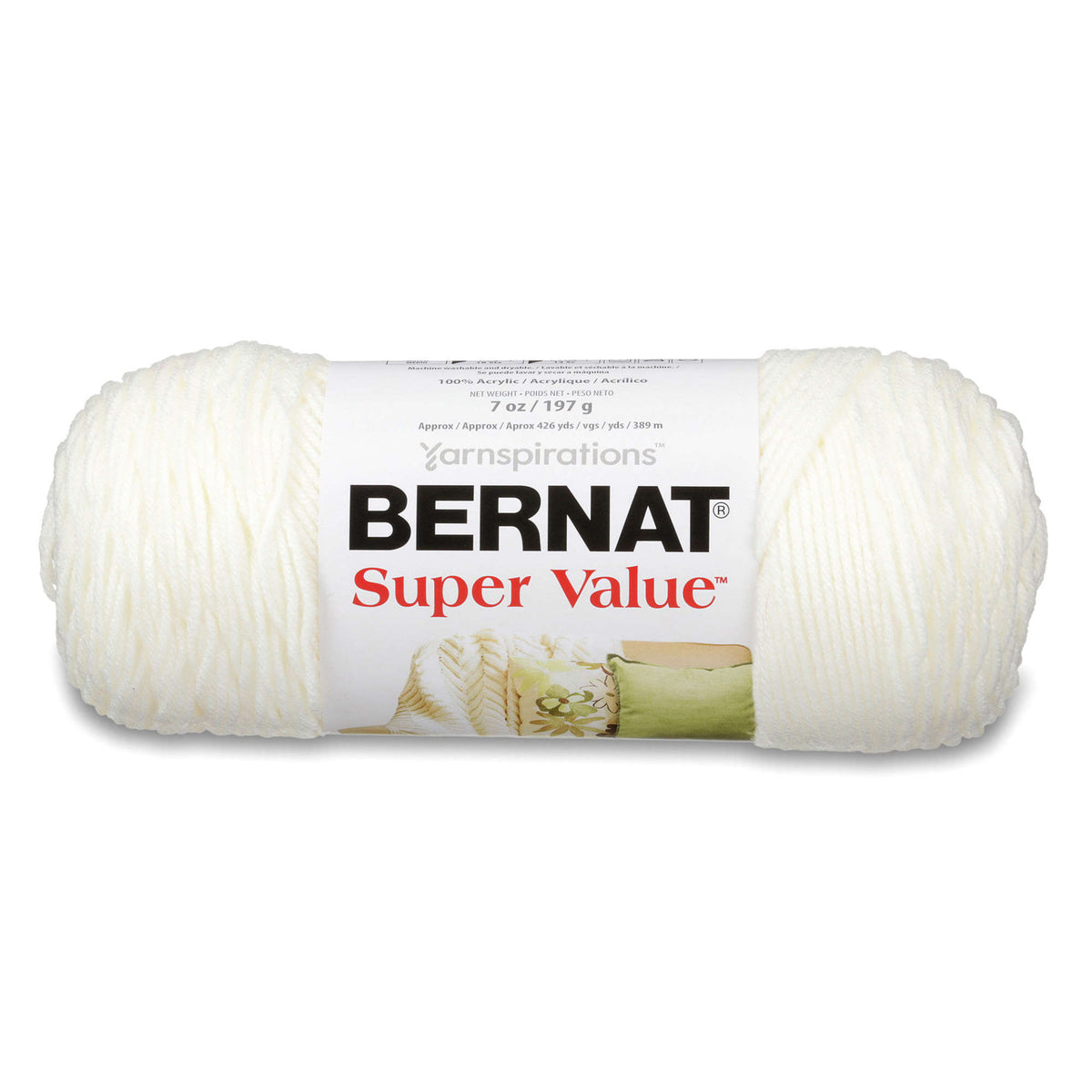 Ball of white Bernat Super Value yarn on a white background