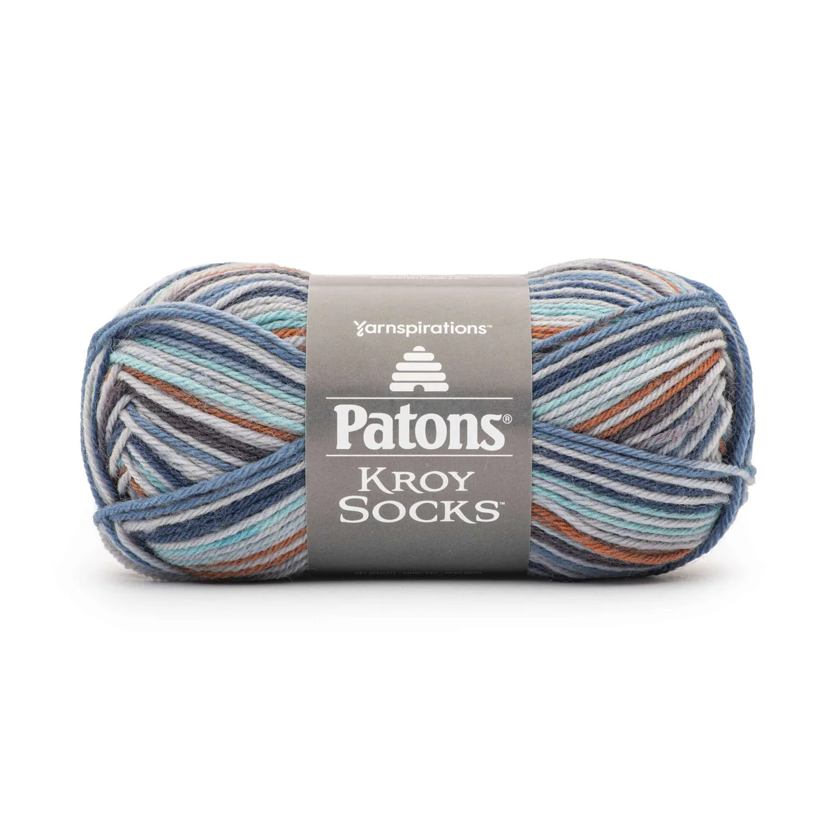 Multicolored skein of yarn with Patons label on a white background