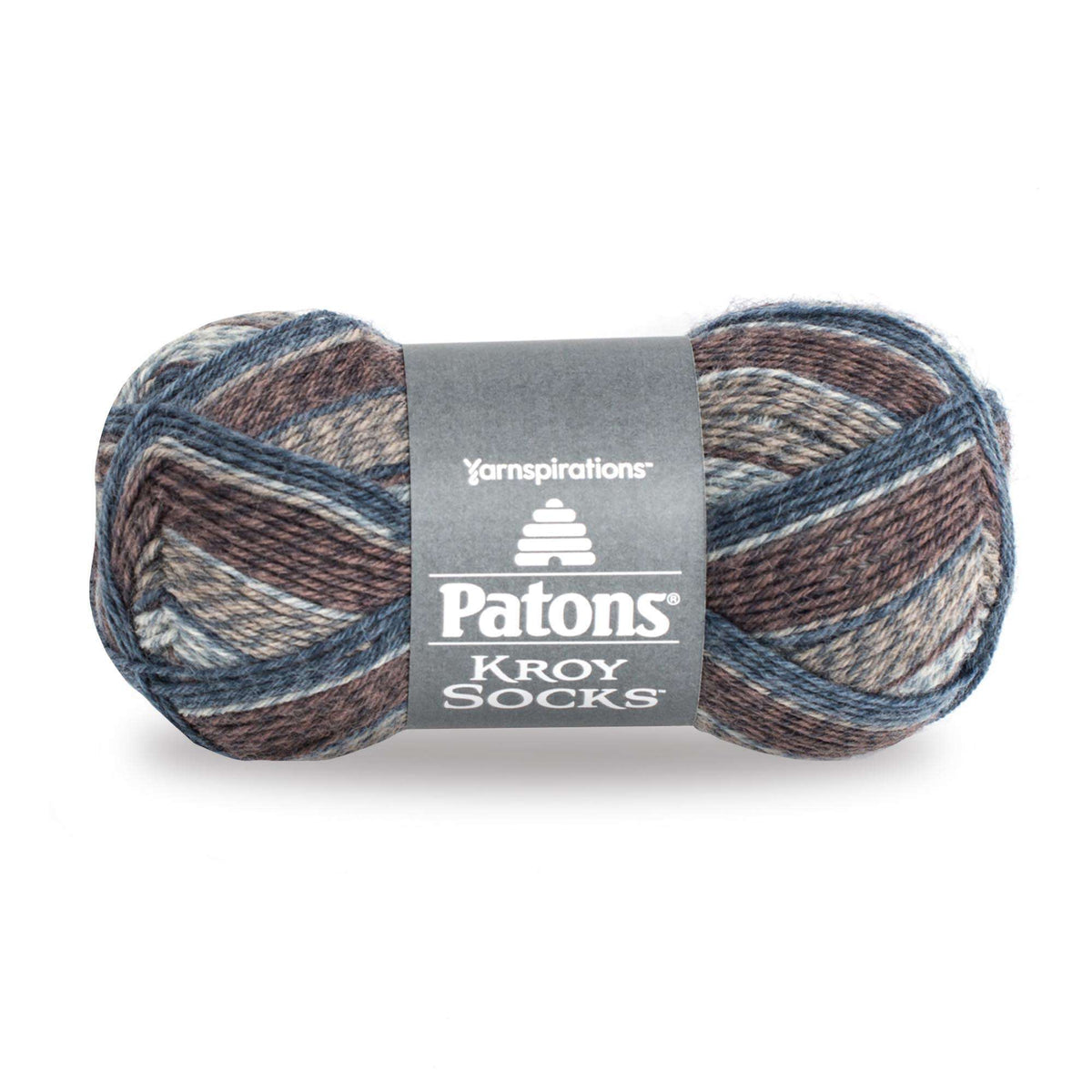 Ball of Patons Kroy Socks yarn with a label on a white background