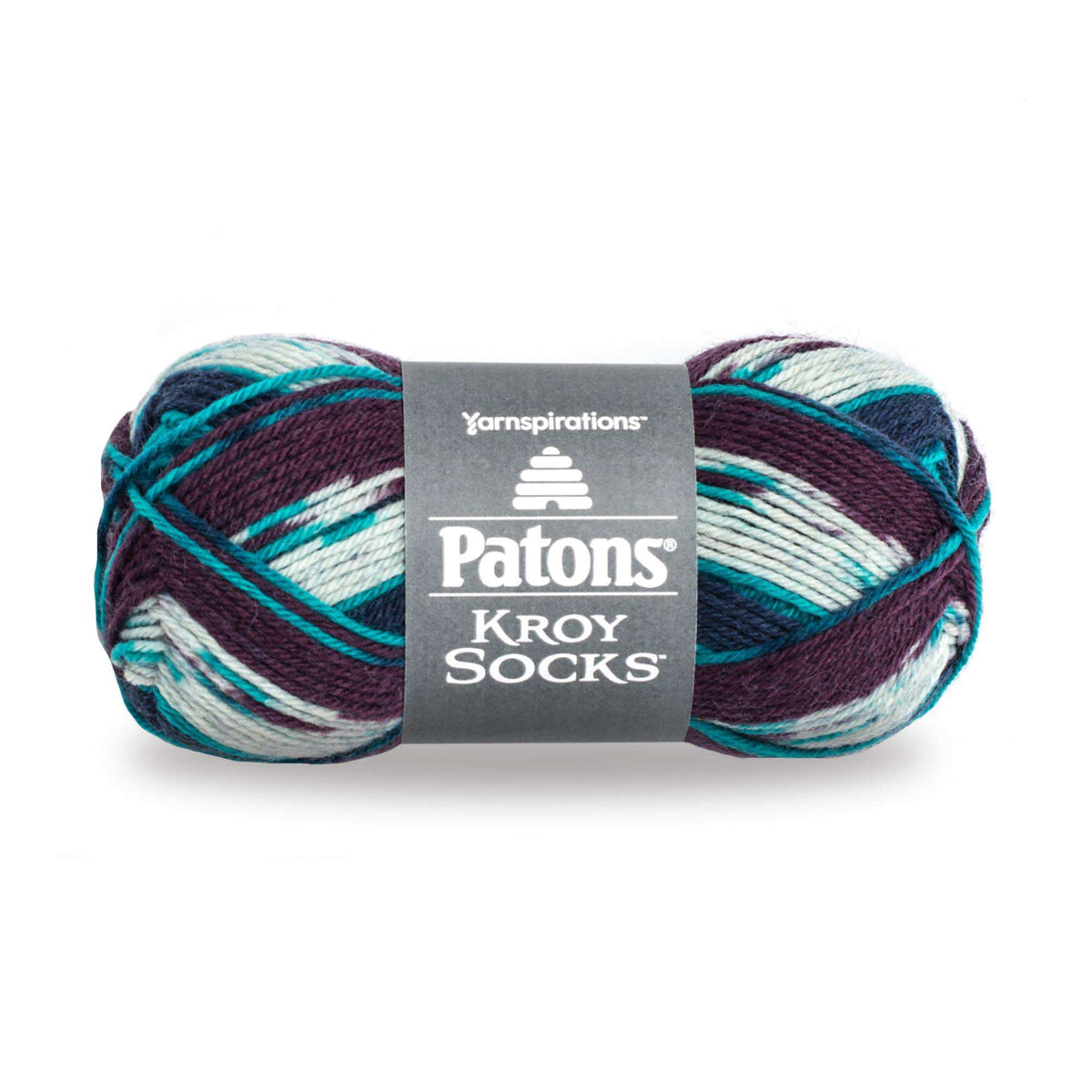 Ball of yarn with Patons Kroy Socks label on a white background