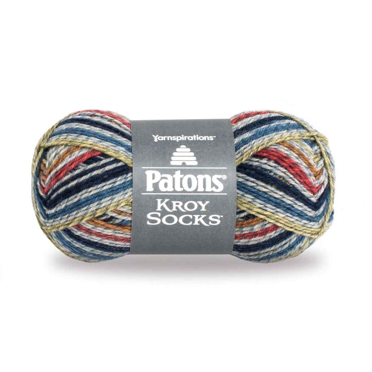 Multicolored skein of yarn with Patons label on a white background