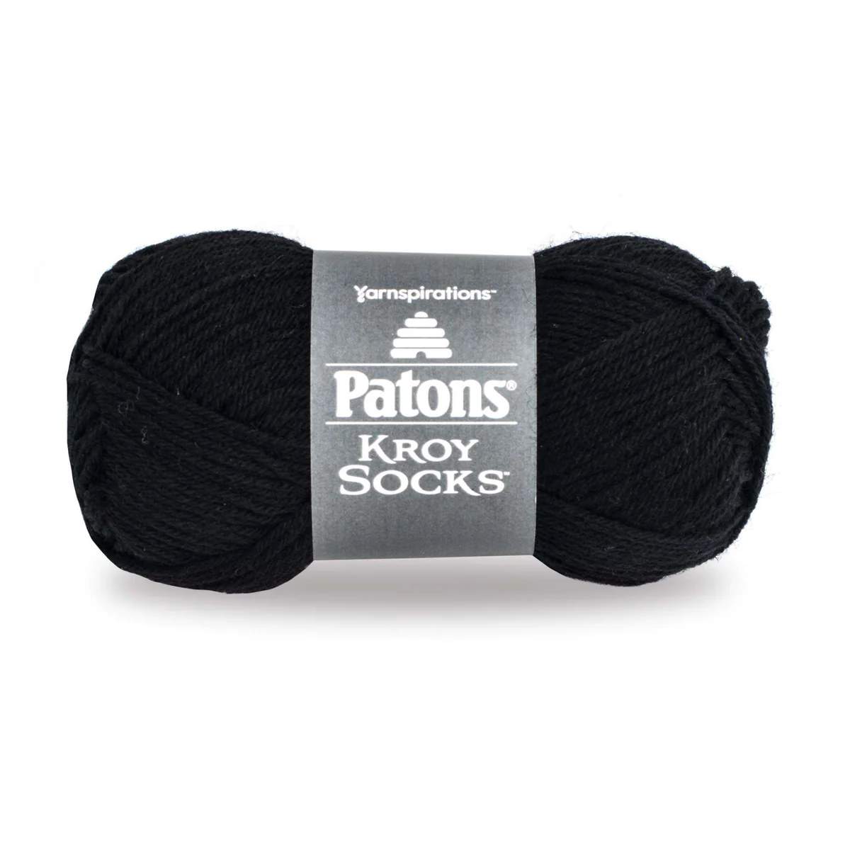 Black skein of Patons Kroy Socks yarn on a white background