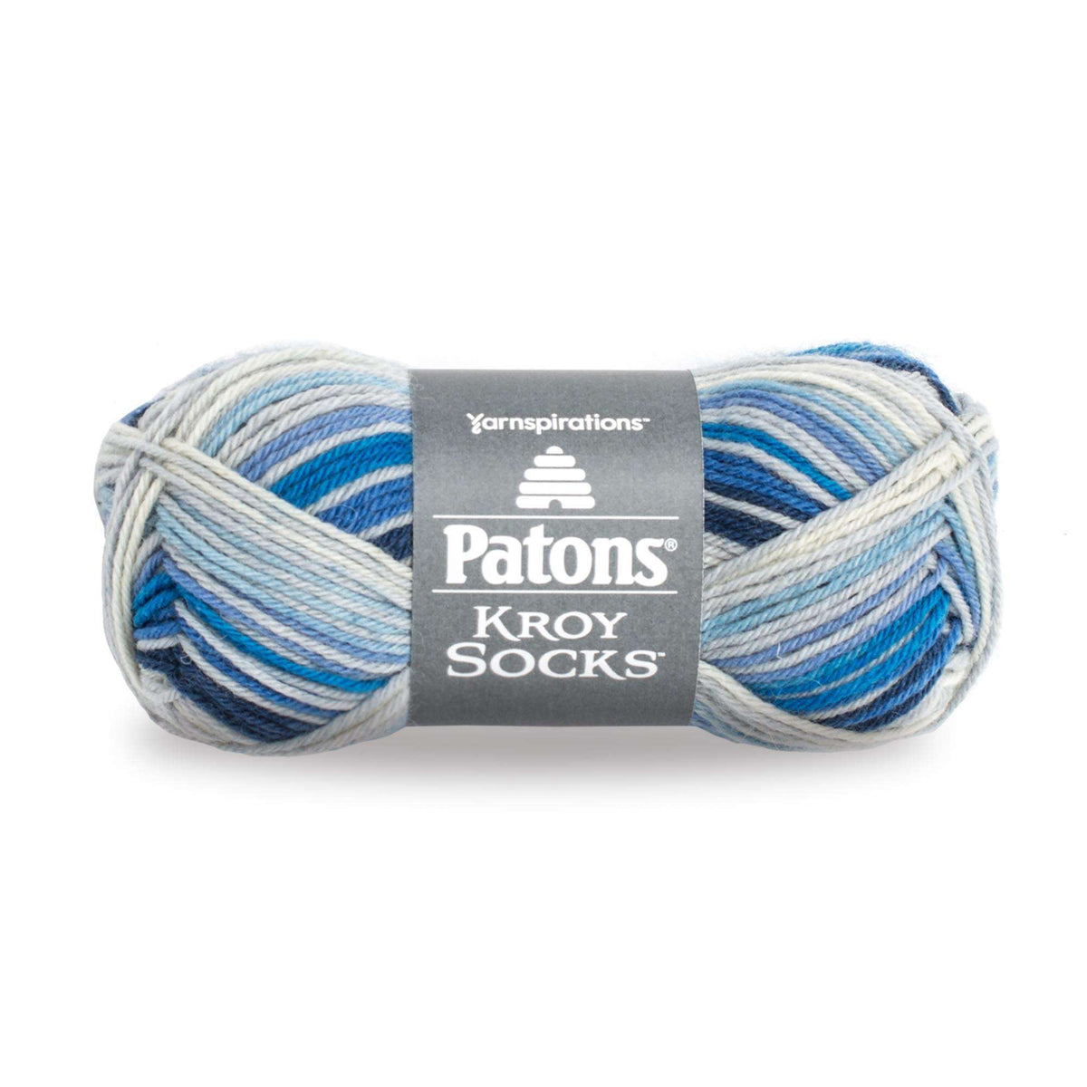 Blue and gray skein of Patons Kroy Socks yarn on a white background