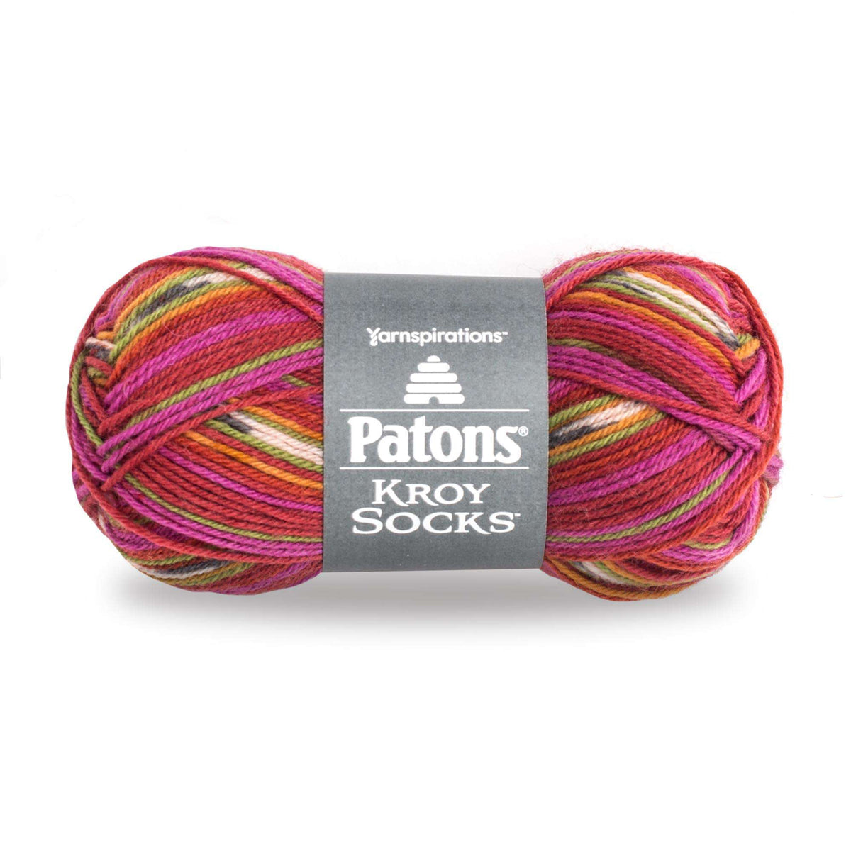 Multicolored skein of yarn with Patons label on a white background