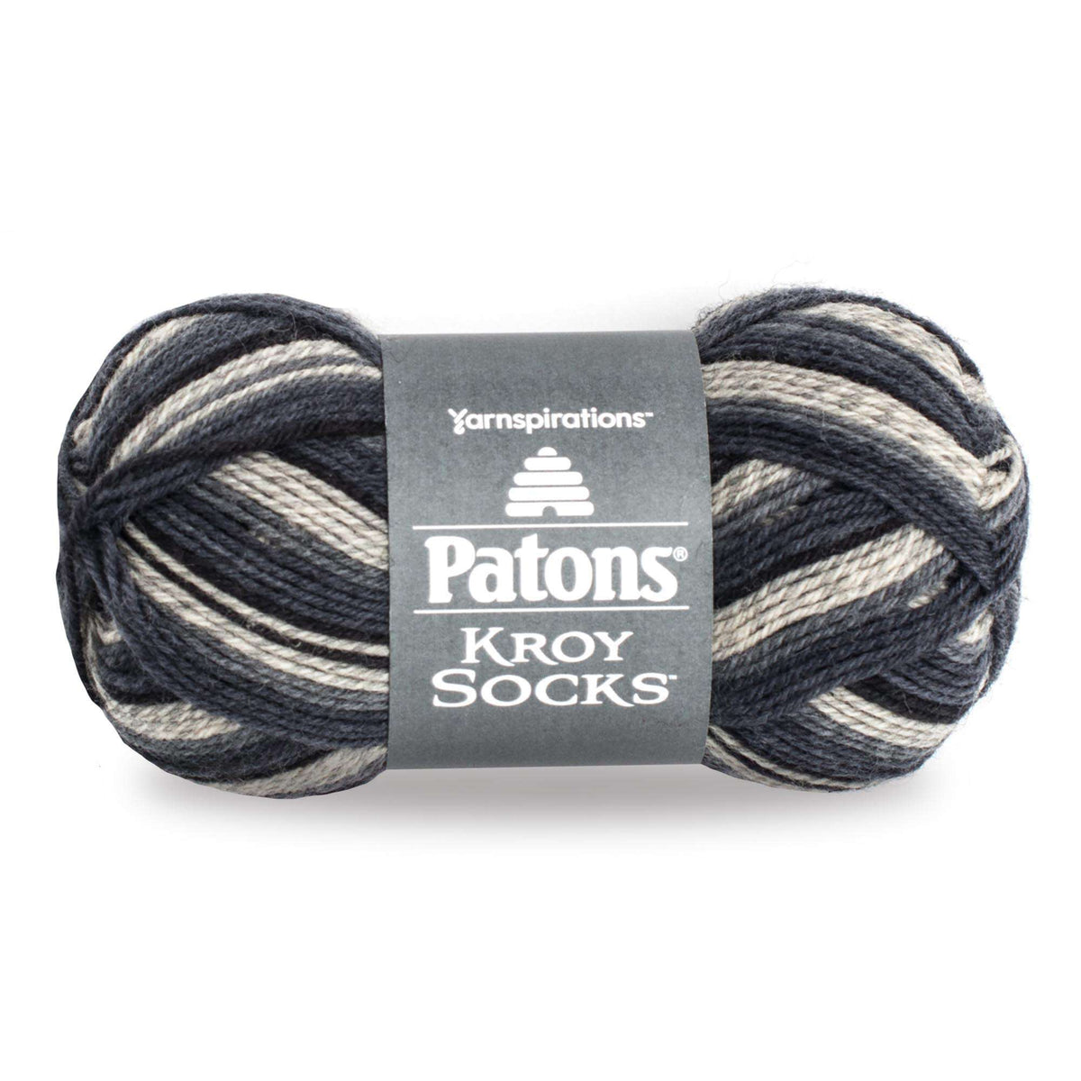 Ball of yarn with Patons Kroy Socks label on a white background