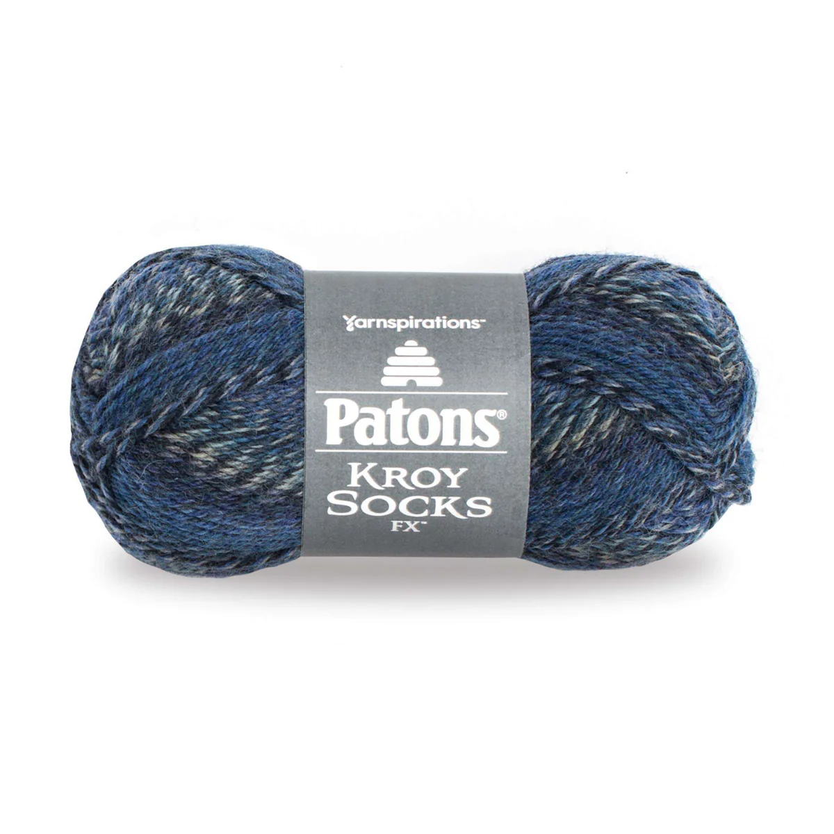 Blue skein of Patons Kroy Socks FX yarn on a white background