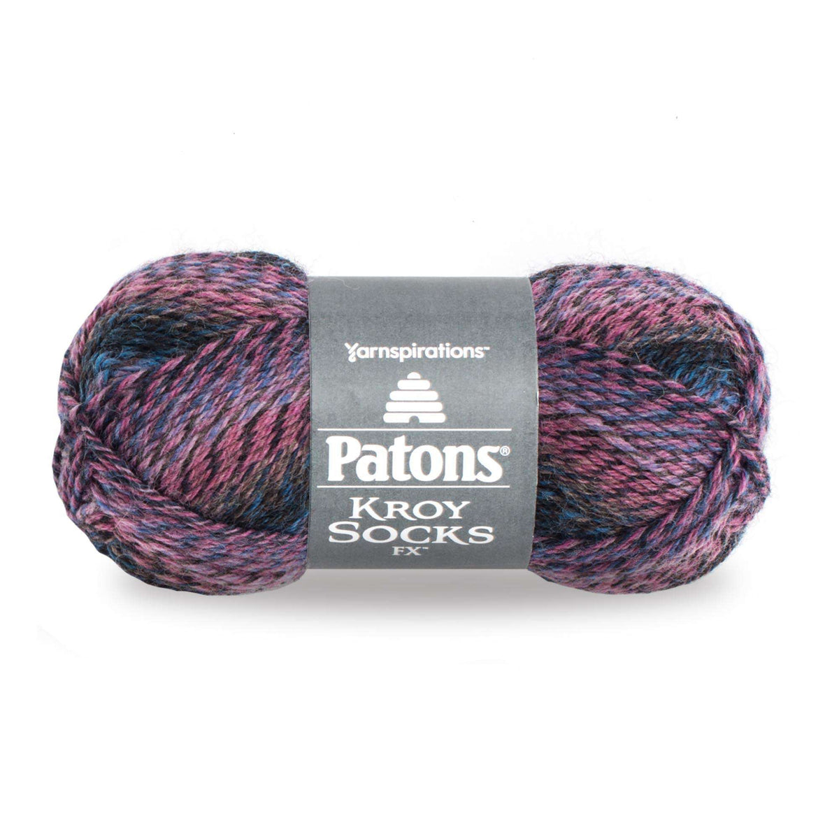 Ball of yarn with Patons Kroy Socks FX label on a white background