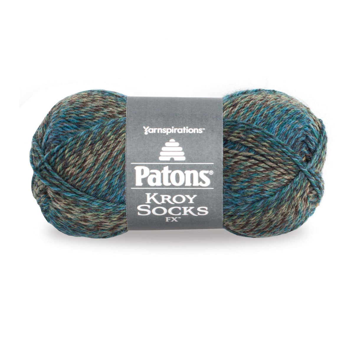 Ball of Patons Kroy Socks FX yarn with a label on a white background