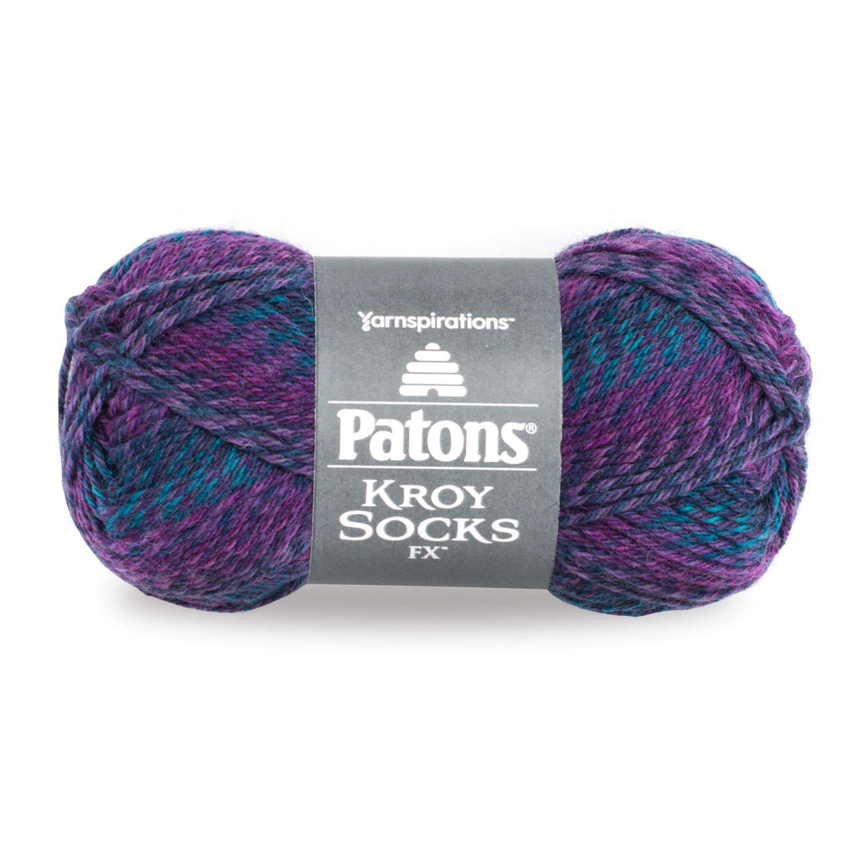 Purple and blue skein of Patons Kroy Socks FX yarn on a white background