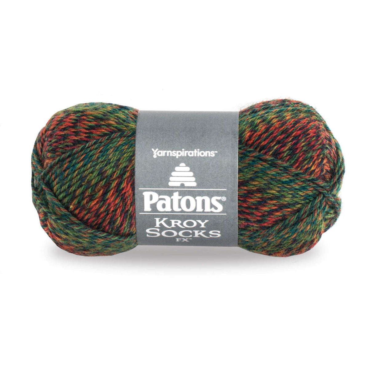 Multicolored skein of yarn with Patons Kroy Socks FX label on a white background