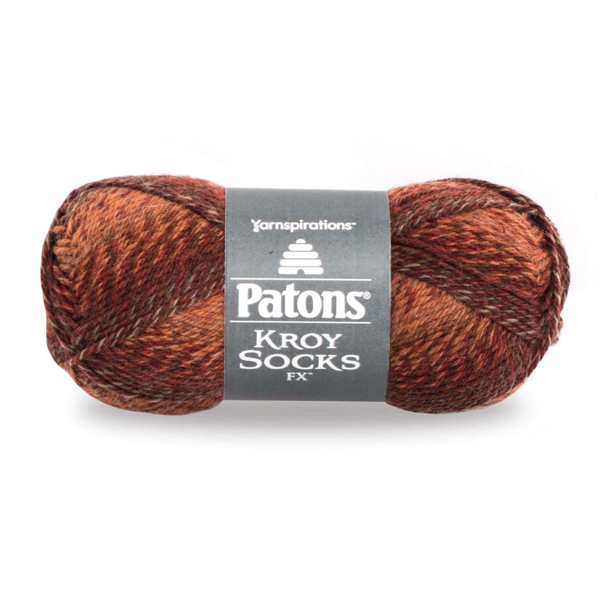 Ball of Patons Kroy Socks FX yarn with a visible label on a white background