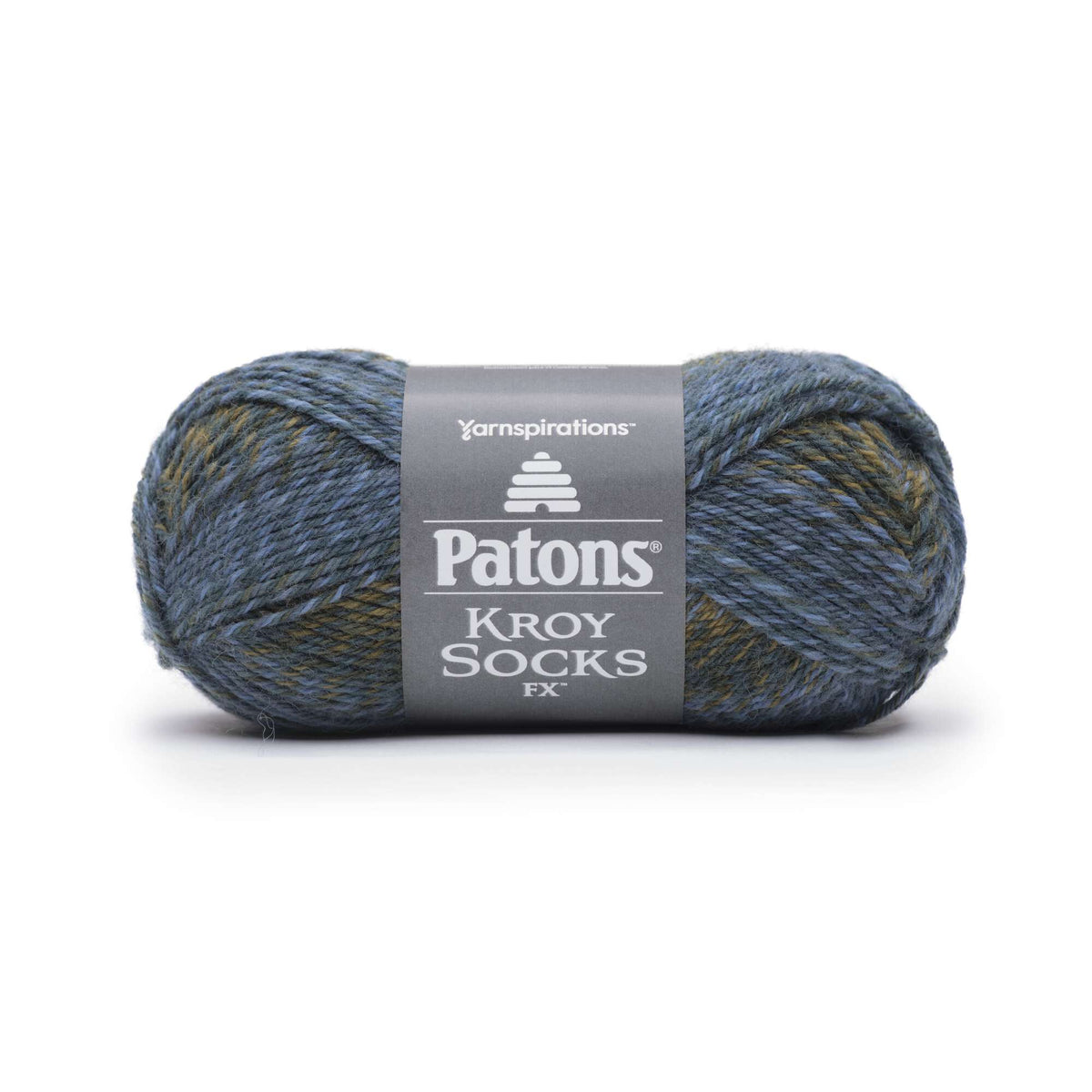 Ball of yarn with Patons Kroy Socks FX label on a white background