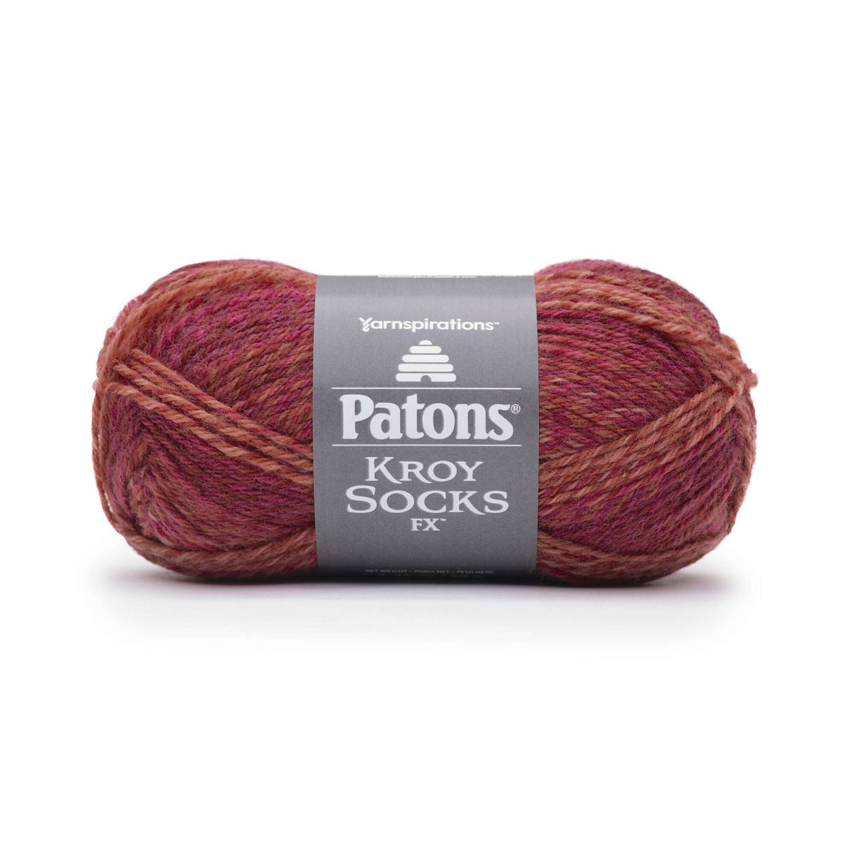 Ball of Patons Kroy Socks FX yarn with a visible label on a white background
