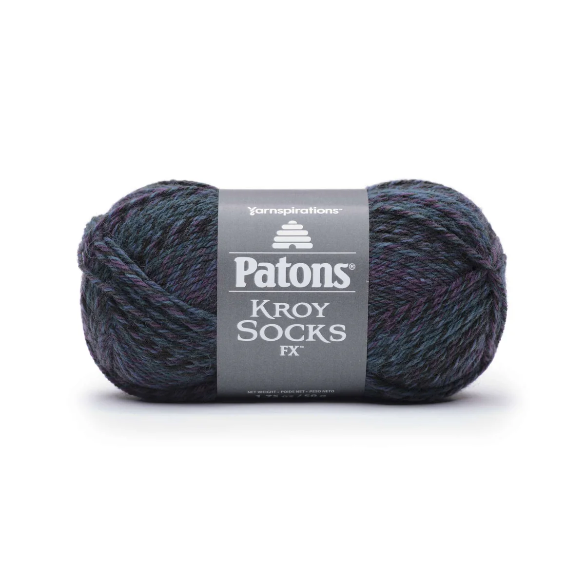 Ball of yarn with Patons Kroy Socks FX label on a white background