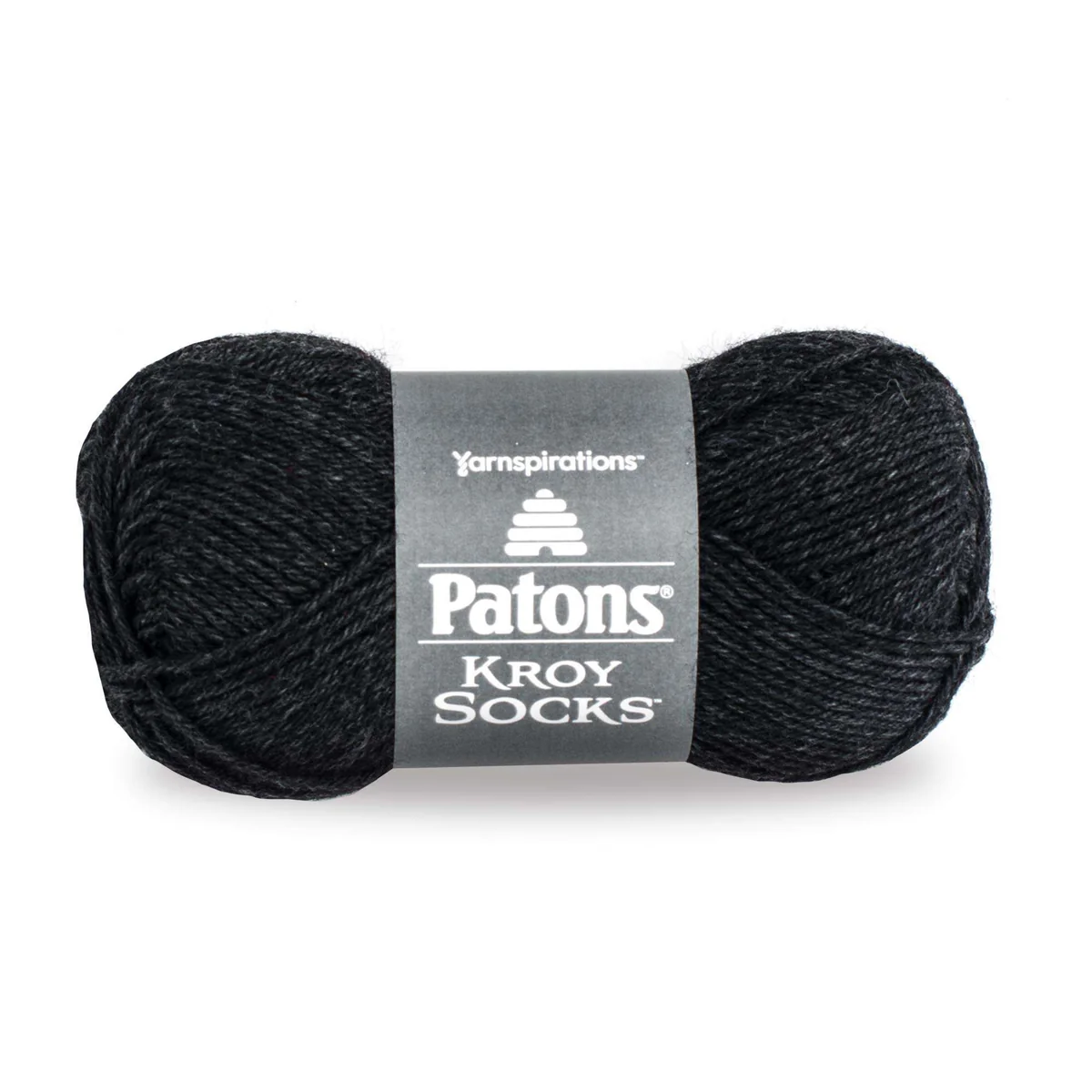 Dark gray skein of Patons Kroy Socks yarn on a white background