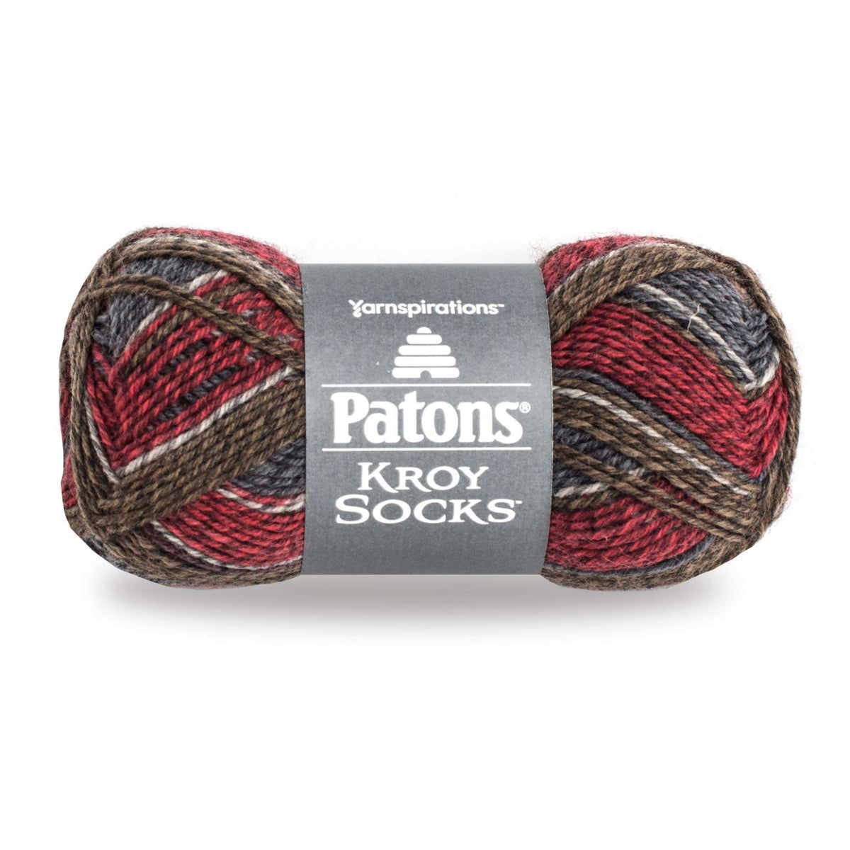 Ball of Patons Kroy Socks yarn with label on a white background