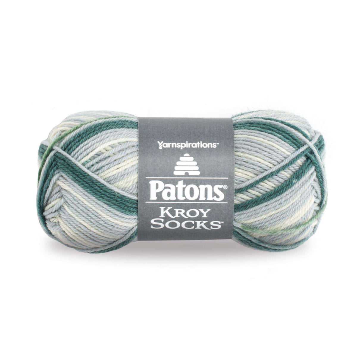 Ball of Patons Kroy Socks yarn with a label on a white background