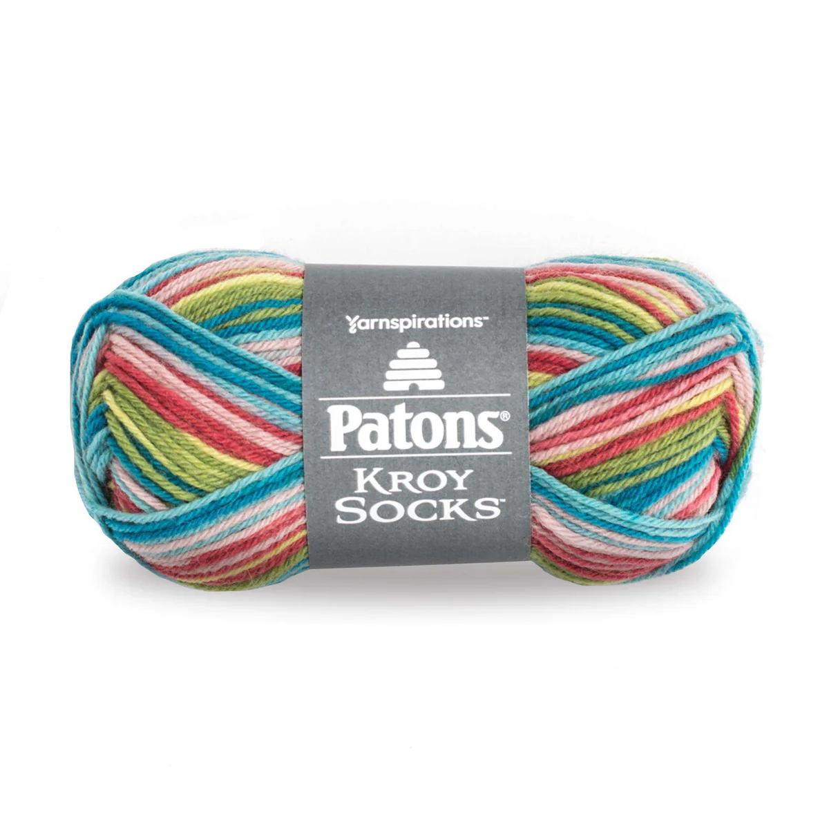 Multicolored skein of yarn with Patons label on a white background